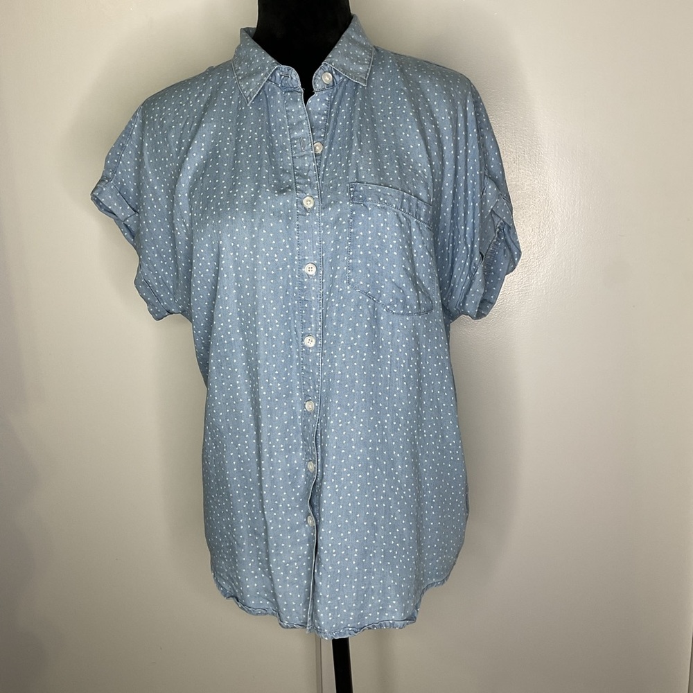 Thread & Supply Blue Button Down Shirt With Small Hearts